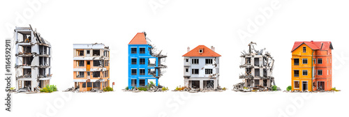 Wallpaper Mural A set of destroyed post-apocalyptic houses in different stages isolated on a white background Torontodigital.ca