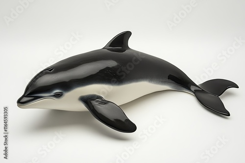 A black and white dolphin is laying on a white background photo