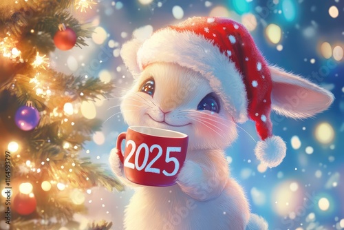 Cute rabbit in red Santa hat holding cup of coffee with number 2025 on background of Christmas tree lights. Illustration for design of postcard, poster, invitation.