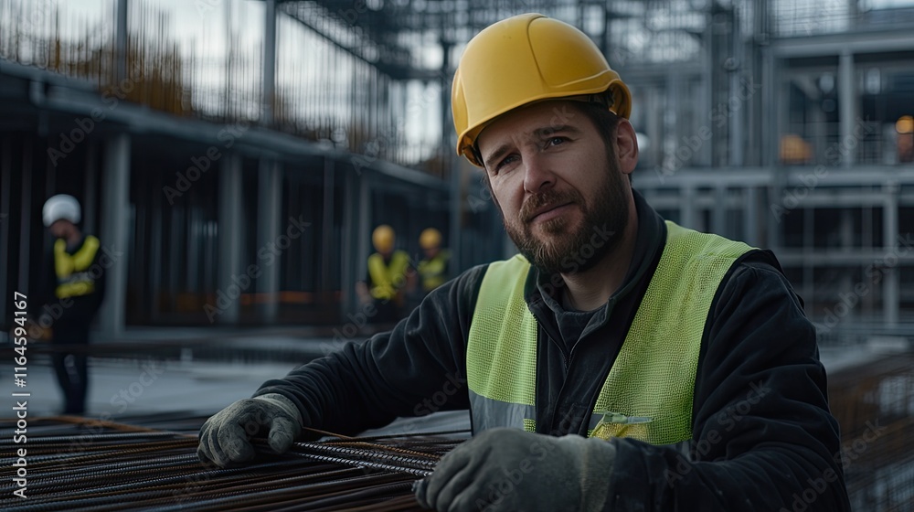 © lililia - Skilled worker in safety attire assembles steel grid at construction site during daylight, highlighting dedication and craftsmanship © lililia - Skilled worker in safety attire assembles steel grid at construction site during daylight, highlighting dedication and craftsmanship