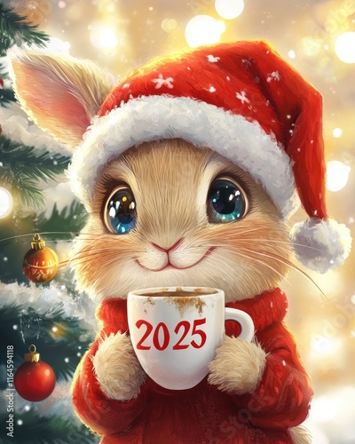 Cute rabbit in red Santa hat holding cup of coffee with number 2025 on background of Christmas tree lights. Illustration for design of postcard, poster, invitation.