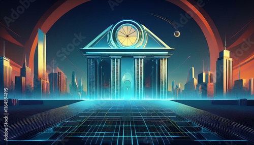 a futuristic cityscape with a bank building and a glass clock
