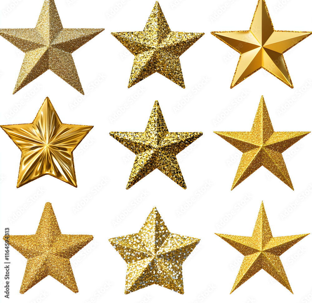 Obraz premium Collection of Glittering Gold Stars - Festive Holiday Decorations in Various Styles. AI generative.