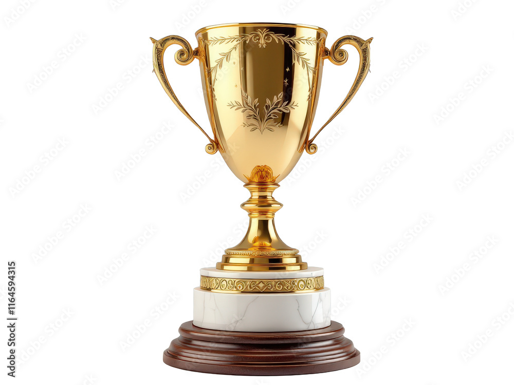 Shining golden trophy resting elegantly on a wooden and marble pedestal, symbolizing achievement and celebration in a competitive journey Shining golden trophy resting elegantly on a wooden and marble pedestal, symbolizing achievement and celebration in a competitive journey