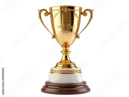 Canvastavla Shining golden trophy resting elegantly on a wooden and marble pedestal, symboli