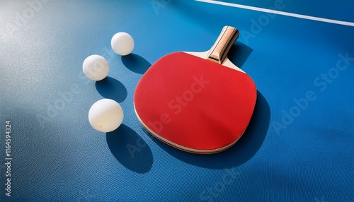 a red table tennis paddle rests on a blue surface alongside three white balls during daylight