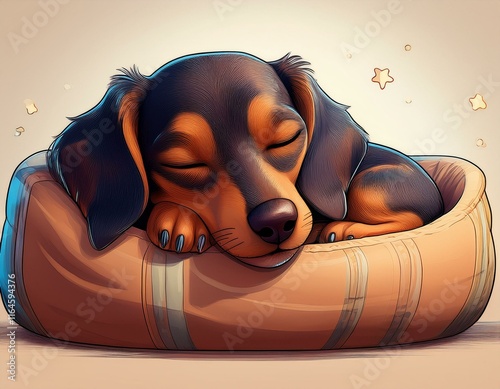cozy 3d cartoon dachshund sleeping in a dog bed