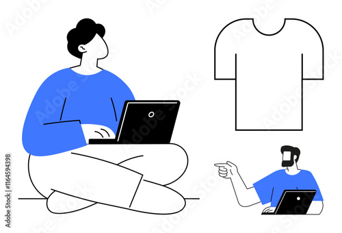 Person sitting with laptop, another pointing, T-shirt icon. Ideal for remote work, casual office, collaboration, teamwork, tech lifestyle flexibility communication. Minimalist modern abstract line