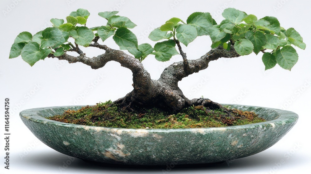 Double-trunk bonsai tree in green stone pot, isolated on white background. Double-trunk bonsai tree in green stone pot, isolated on white background.