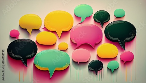 colorful speech bubbles in pink green yellow and black arranged in a playful layout ideal for representing communication and dialogue