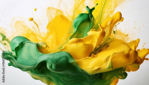 abstract yellow and green paint splash on white background an image colored ink poured over a flat surface banner with copy space