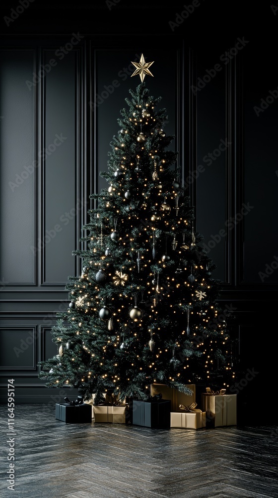 Fototapeta premium Opulent Christmas tree with golden ornaments and dark highlights, evoking a warm holiday atmosphere