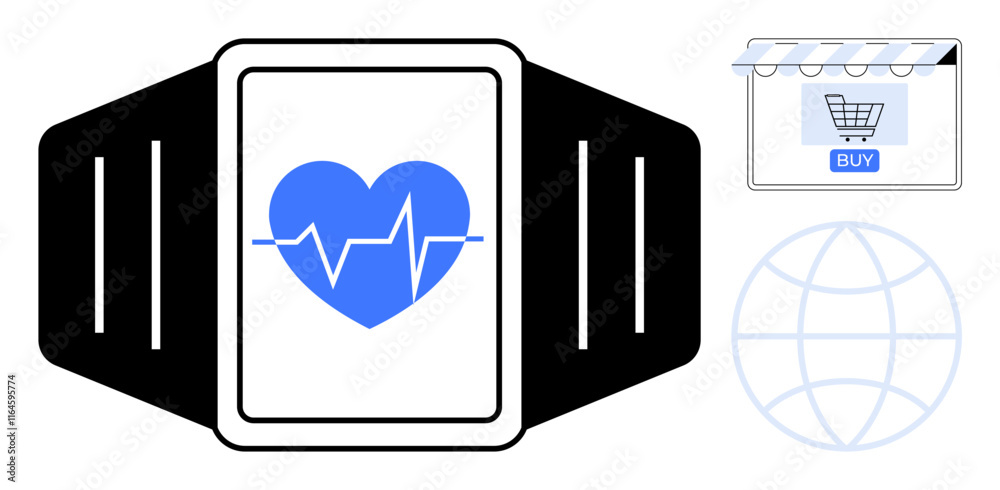Obraz premium Heart rate monitor on smartwatch, online shopping cart icon, globe symbolizing connectivity. Ideal for healthcare, e-commerce, technology, online services, fitness, global reach digital health