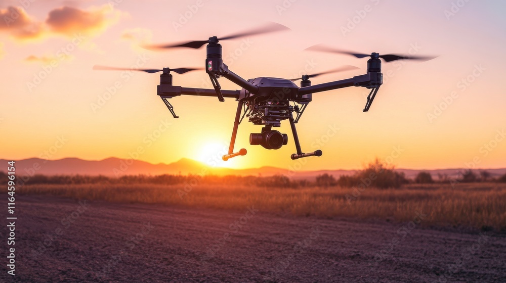 Drone Surveillance in Desert Landscape at Sunset Drone Surveillance in Desert Landscape at Sunset