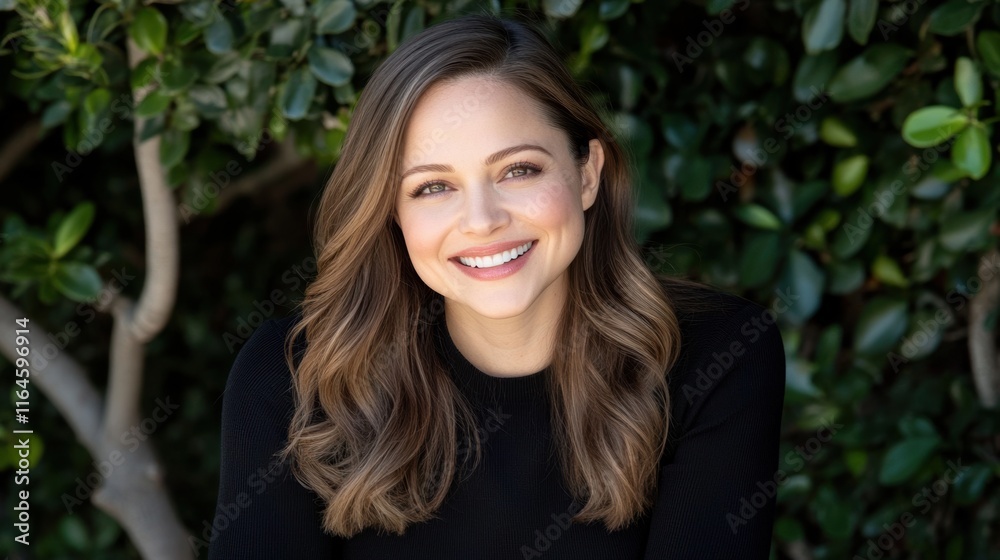Smiling woman in natural outdoor setting with green foliage in the background Smiling woman in natural outdoor setting with green foliage in the background