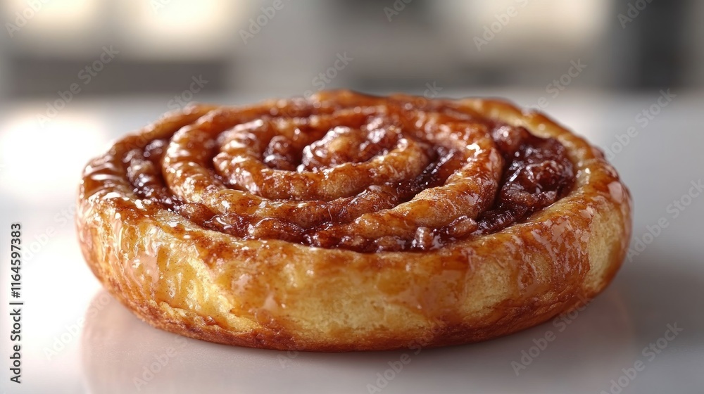 Close-up of a single, glazed cinnamon roll on a white surface. Close-up of a single, glazed cinnamon roll on a white surface.