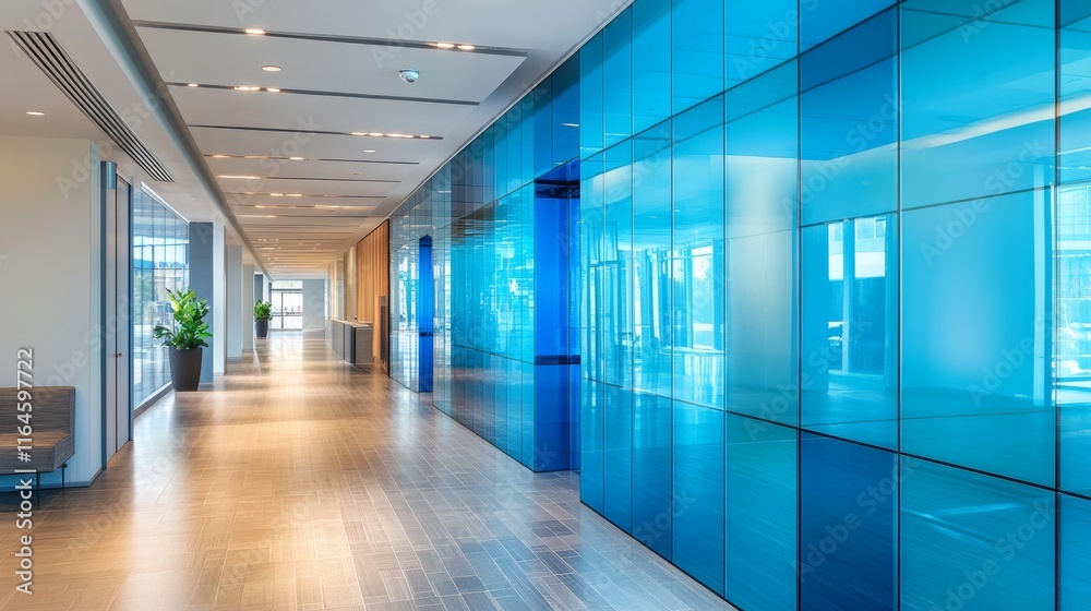 Blue-glass modern architectural wall with cube and square patterns Blue-glass modern architectural wall with cube and square patterns