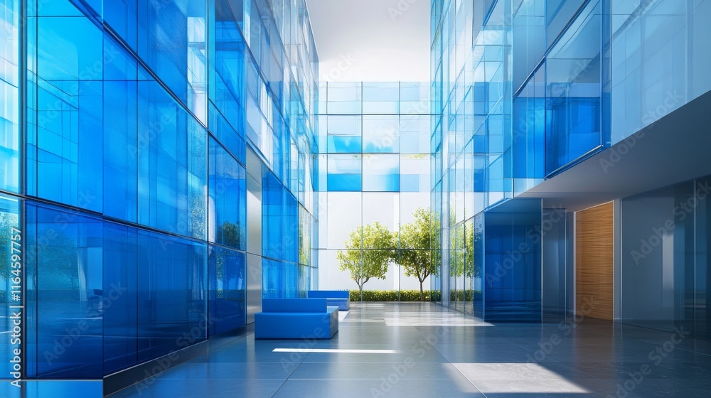 Blue-glass modern architectural wall with cube and square patterns Blue-glass modern architectural wall with cube and square patterns