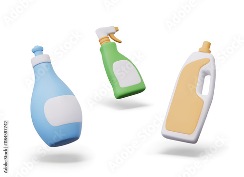 Plastic bottles of various shapes for detergents. Isolated concepts for soap, bleach, fabric softener, disinfectant. Container with handle, dispenser, spray