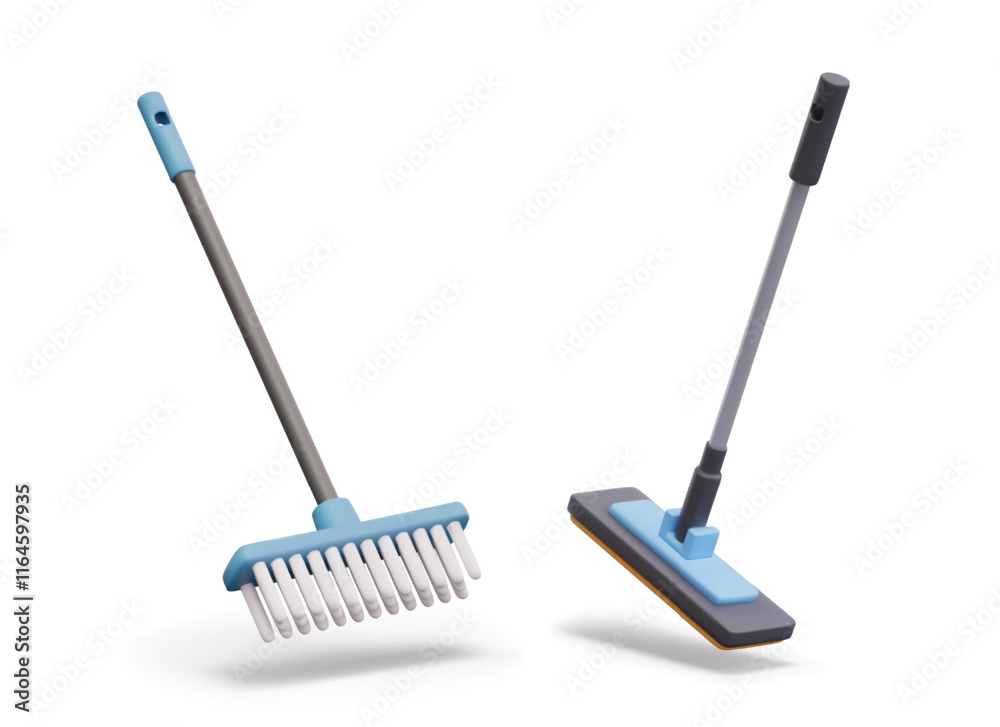 Realistic brush and mop. Tool for dry and wet cleaning. Set of vector templates on white background. Elements for indoor cleaning concepts. Models in inclined position