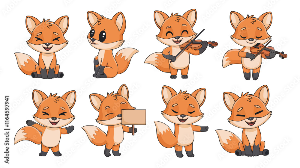 set of Cute Cartoon adorable foxes isolated on a white background, different poses,vector illustration set of Cute Cartoon adorable foxes isolated on a white background, different poses,vector illustration