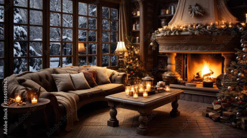 Naklejka premium A cozy living room with a fireplace and a Christmas tree. The room is lit by candles and has a warm, inviting atmosphere