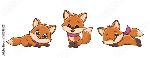 set of Cute Cartoon adorable foxes isolated on a white background, different poses,vector illustration 