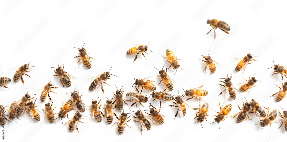 A swarm of bees flying in unison, captured in motion against a white background A swarm of bees flying in unison, captured in motion against a white background