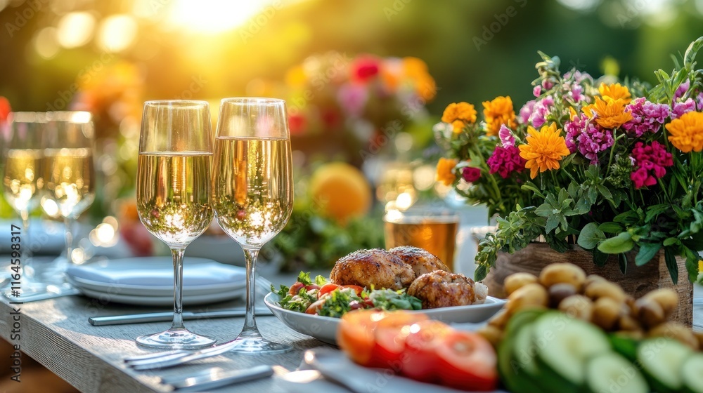 Sunny outdoor dinner party with champagne, food, and flowers. Sunny outdoor dinner party with champagne, food, and flowers.