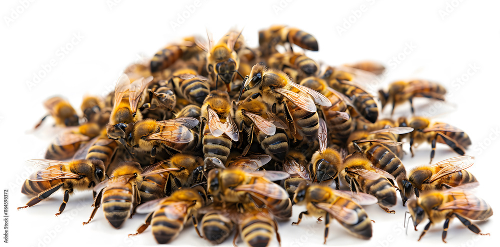 A swarm of bees flying in unison, captured in motion against a white background A swarm of bees flying in unison, captured in motion against a white background