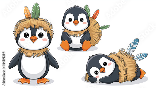 set of Cute Cartoon adorable tribal Penguin with feathers and wigwam isolated on a white background, different poses, vector illustration 