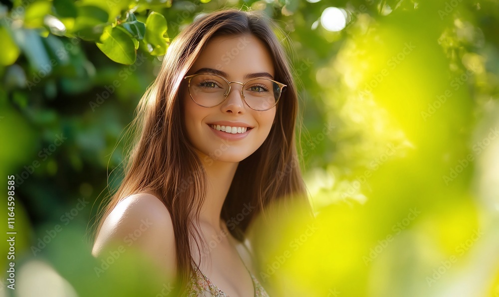 A smiling woman in glasses surrounded by greenery.