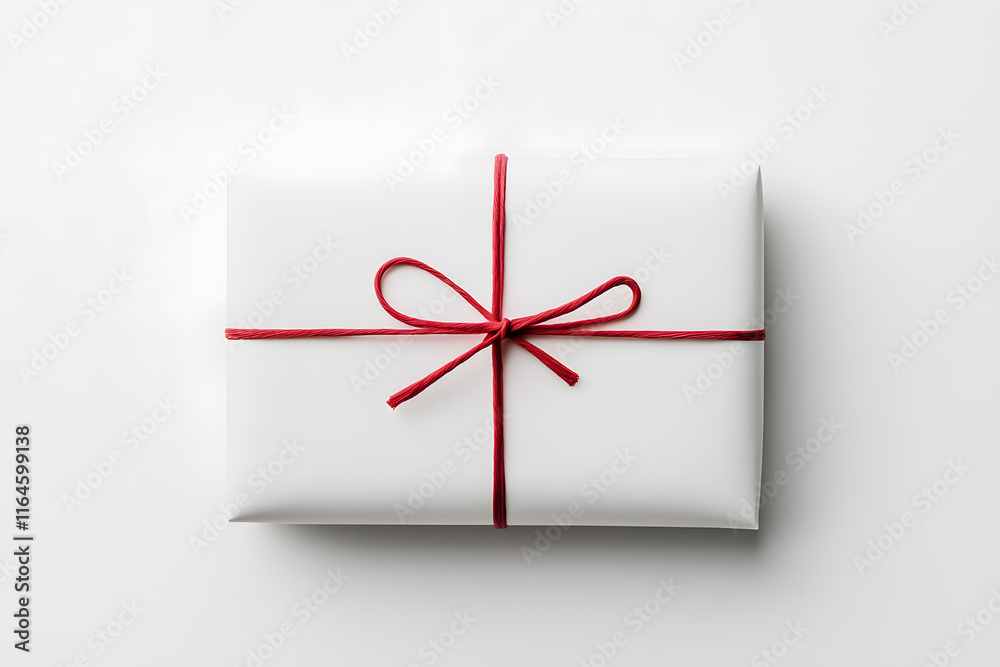 Fototapeta premium Top view of Christmas gift box mock up wrapped in craft paper and ribbon isolated on white