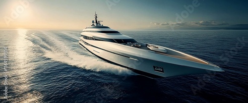 Luxury yacht speeding across ocean at sunset.