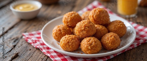 Plate of delicious Dutch meatless bitterballen on rustic wooden table, perfect for a savory snack. photo