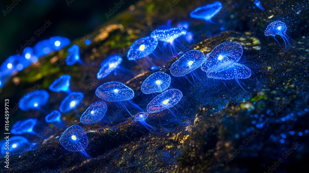 A close-up of bioluminescent organisms glowing in the dark, creating a surreal atmosphere. A close-up of bioluminescent organisms glowing in the dark, creating a surreal atmosphere.