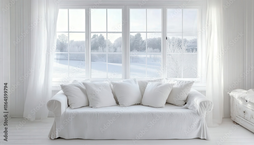 Fototapeta premium Serene Winter Day White Sofa by Window with Snowy Landscape View