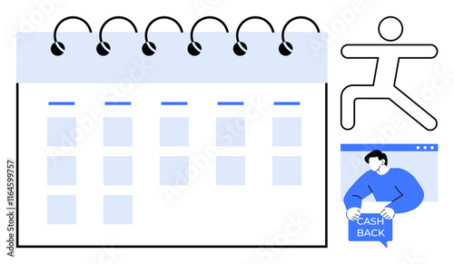 Calendar with spiral binding, a simple human figure, and a person holding a cashback sign. Ideal for schedule planning, business organization, financial management, time management, and productivity