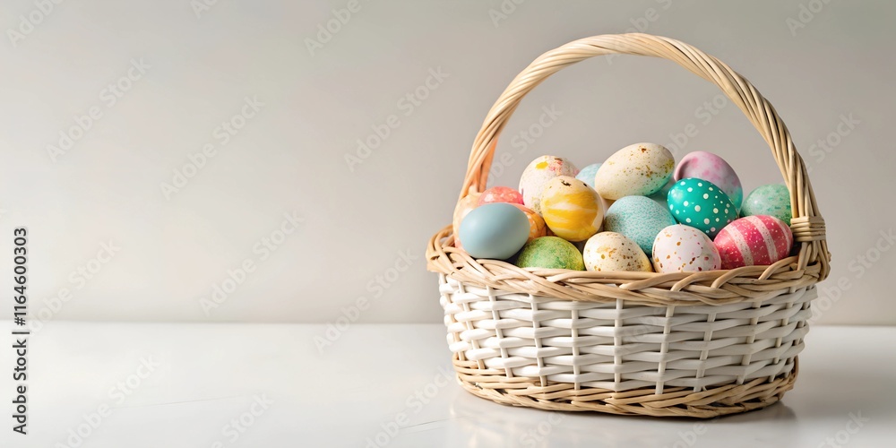A charming wicker basket filled with colorful Easter eggs rests on a clean white surface. Soft lighting highlights the vibrant hues, while the neutral background offers generous copy space. A charming wicker basket filled with colorful Easter eggs rests on a clean white surface. Soft lighting highlights the vibrant hues, while the neutral background offers generous copy space.
