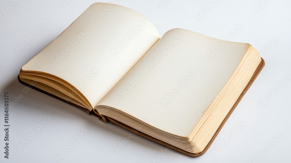 A book is open to a blank page. The book is old and has a brown cover. The page is white and has no writing on it. The book is laying on a white surface A book is open to a blank page. The book is old and has a brown cover. The page is white and has no writing on it. The book is laying on a white surface