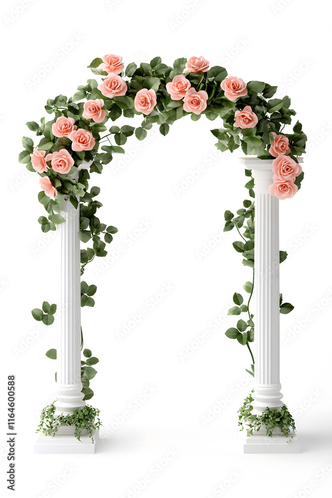 Fototapeta premium Realistic wedding arch with roses and leaves isolated on white Background 