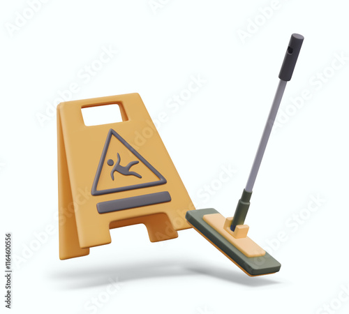 Mop, sign attention, slippery floor. Color set for wet cleaning in public space. Vector group in realistic cartoon style. Concept of professional services clinics