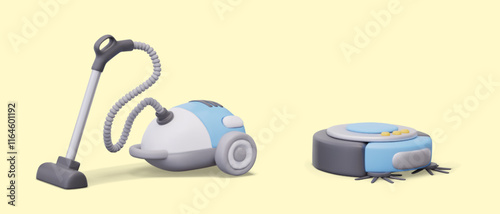 Realistic vacuum cleaner with long brush, robot cleaner. Set of various types of modern electrical household appliances. Isolated templates for advertising services, shop design