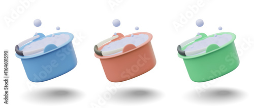 Oval plastic bucket with soap foam and flying bubbles. Container with diluted liquid detergent. Vector model in tilted position. Set of elements in different colors