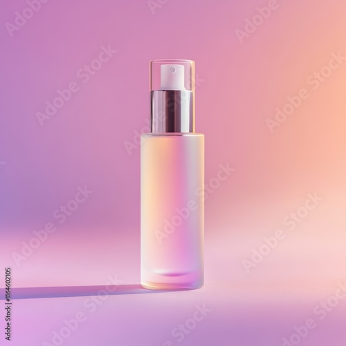 Elegant skincare bottle on a soft gradient background with minimalist text overlays.