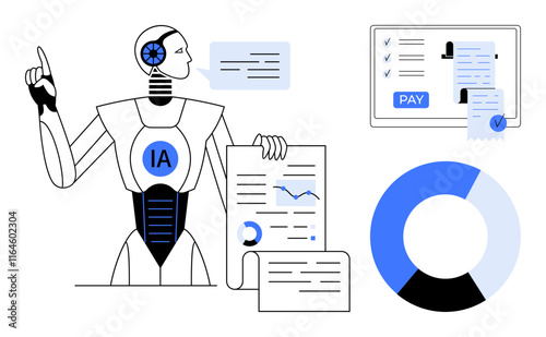 Robot presenting data analytics with charts, automated report generation, payment screen, and pie chart. Ideal for AI-driven technology, business intelligence, automation, productivity, innovation