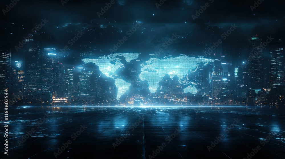 Hologram world map above futuristic city at night. Hologram world map above futuristic city at night.