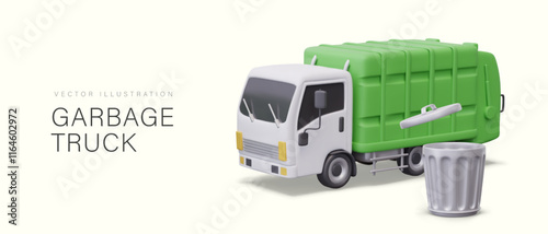 3D garbage truck, metal round garbage can with lid. Vector composition on yellow background. Concept of communal services, advertising of companies, agencies