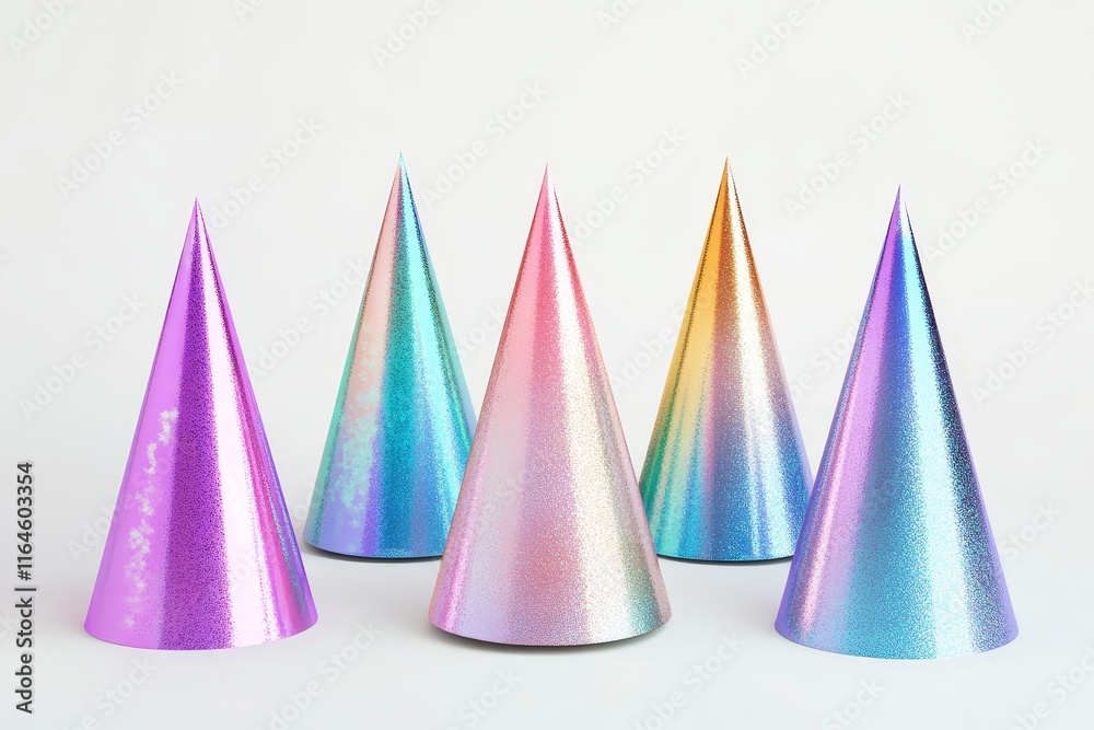 Vibrant iridescent party hats arranged on a white background, ideal for festive celebrations and party-themed designs. Vibrant iridescent party hats arranged on a white background, ideal for festive celebrations and party-themed designs.