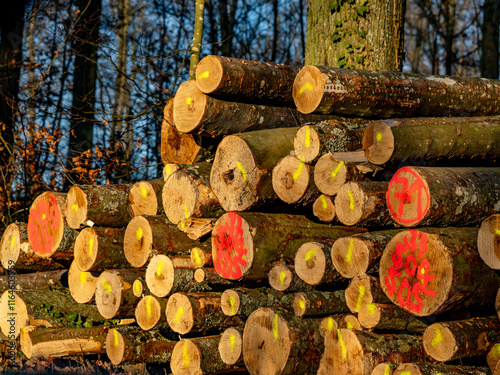 Markierte Baumstämme am Waldrand photo